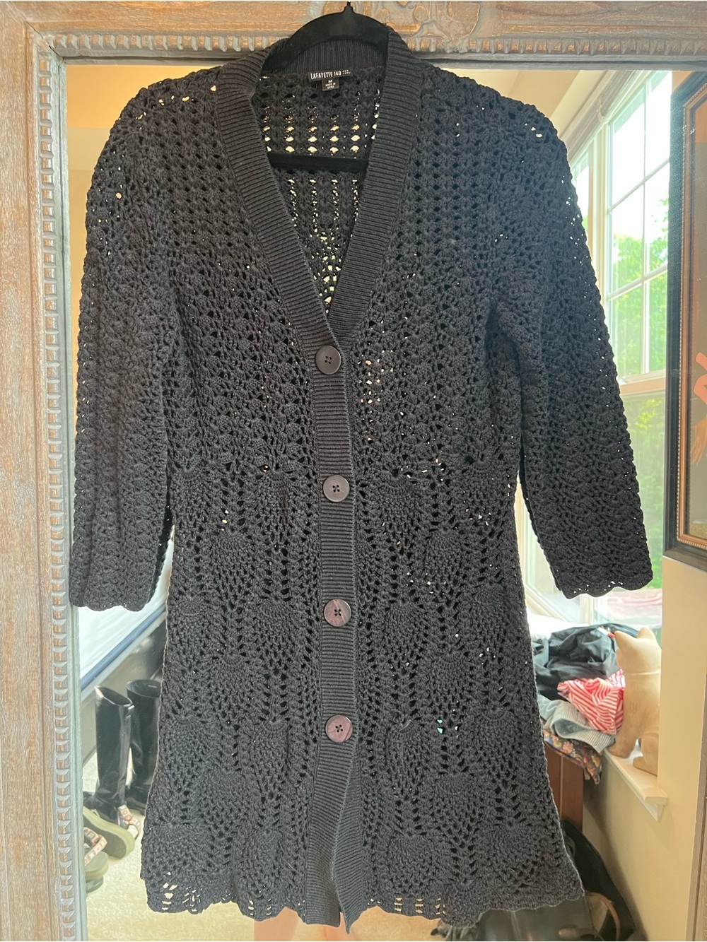 Lafayette 148 New York Black Crochet Button-Front Cardigan